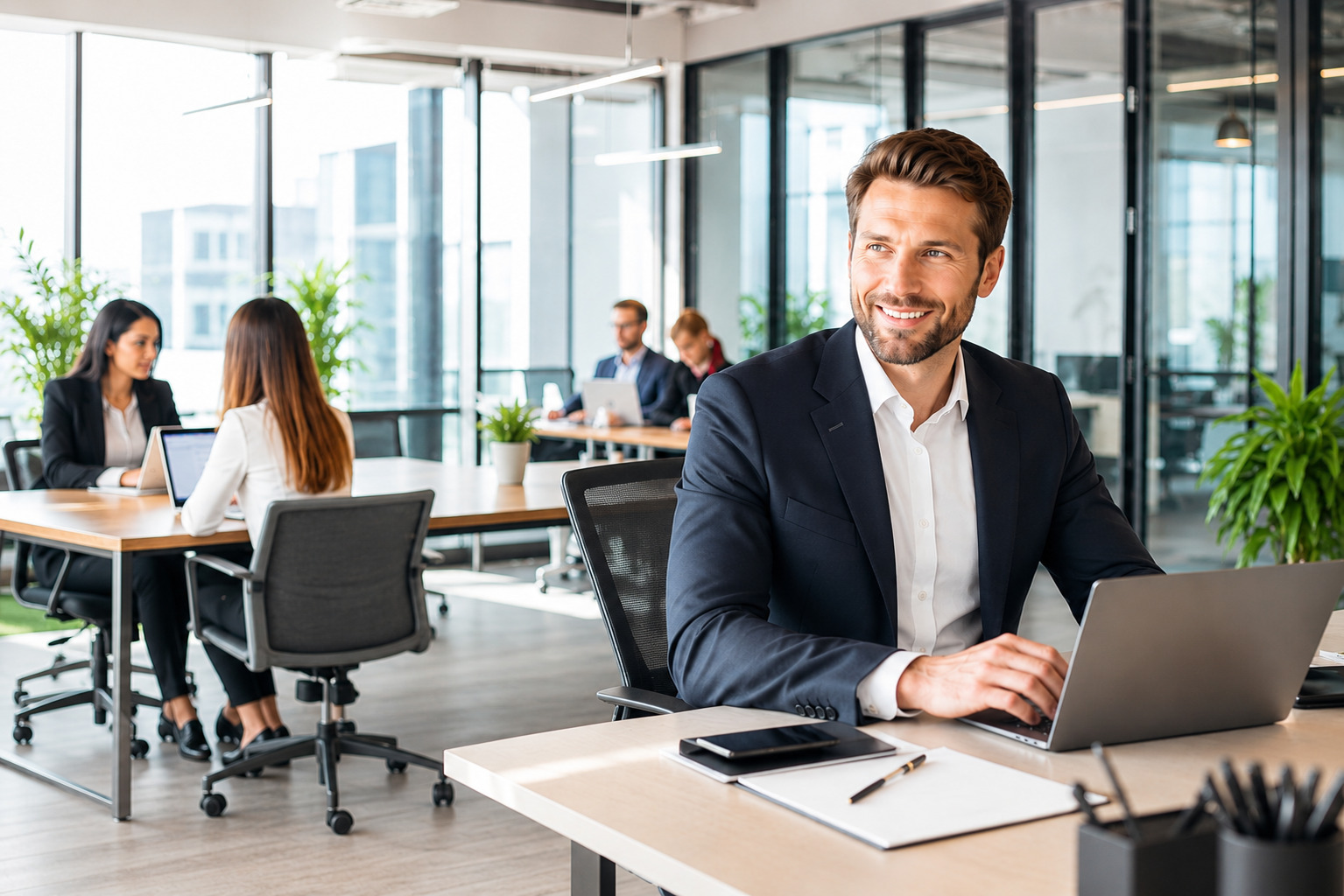 A business owner working confidently in a bright modern office, with a team collaborating in the background
